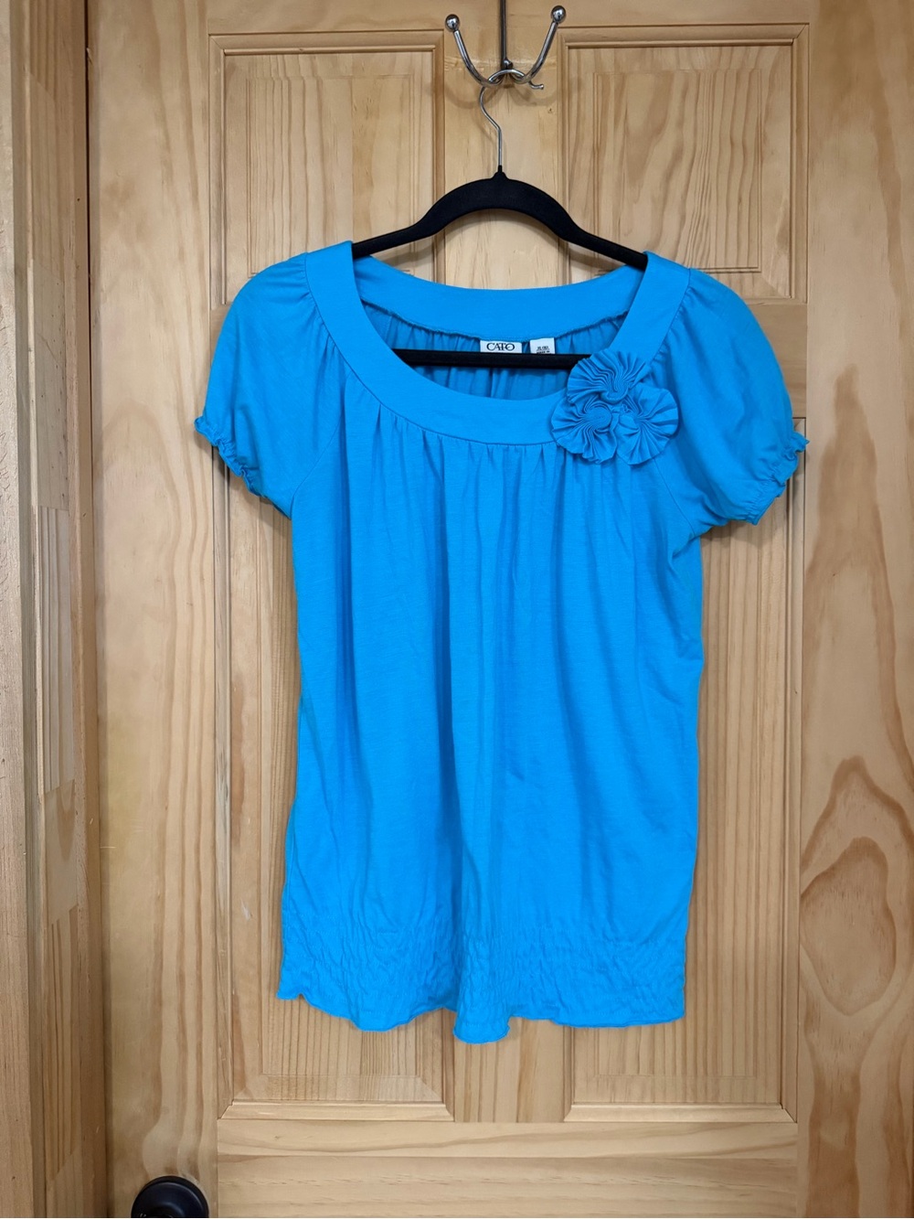 Cato Bright Turquoise Short Sleeve Scoop Neck Top with Flower Accent